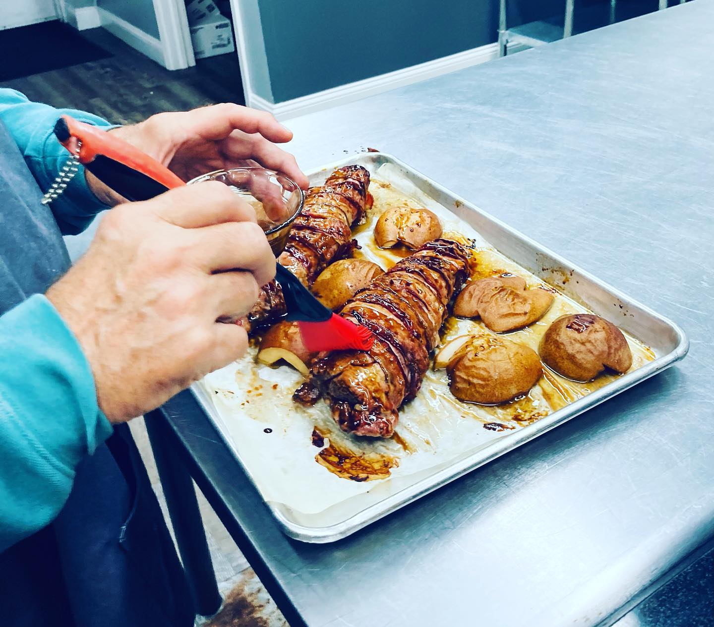 Sheet Pan Supper Class- bacon wrapped pork tenderloin w pears and maple balsamic glaze #yum #foryou #cookingclass #weeknightdinner @tasteandtechnique